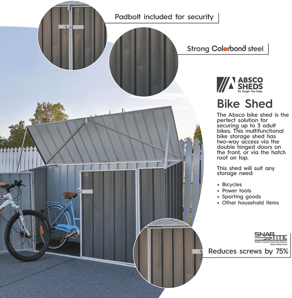 Absco Durango 2.5 Ft. x 7.5 Ft. Metal Storage Shed DIY Two Door Woodland Gray Galvanized Steel Bike Shed for Tools, Lawn & Garden Equipment, Outdoor Patio Furniture, Garden Lean to Shed Kit