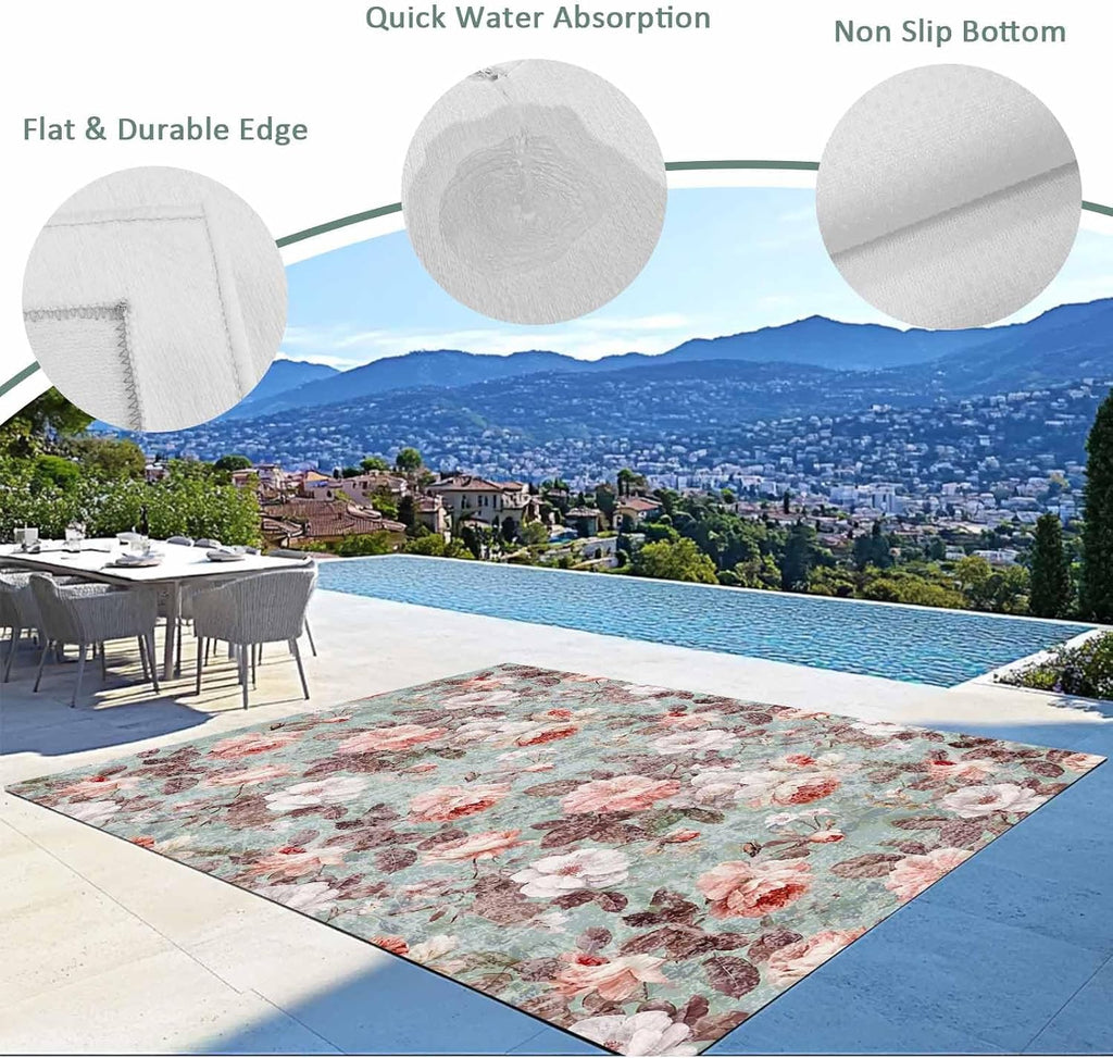 Pink Green Spring Floral Outdoor Rug for Patio/Deck/Porch, Non-Slip Large Area Rug 4 x 6 Ft, Vintage Botanical Summer Indoor Outdoor Rugs Washable Area Rugs, Reversible Camping Rug Carpet Runner