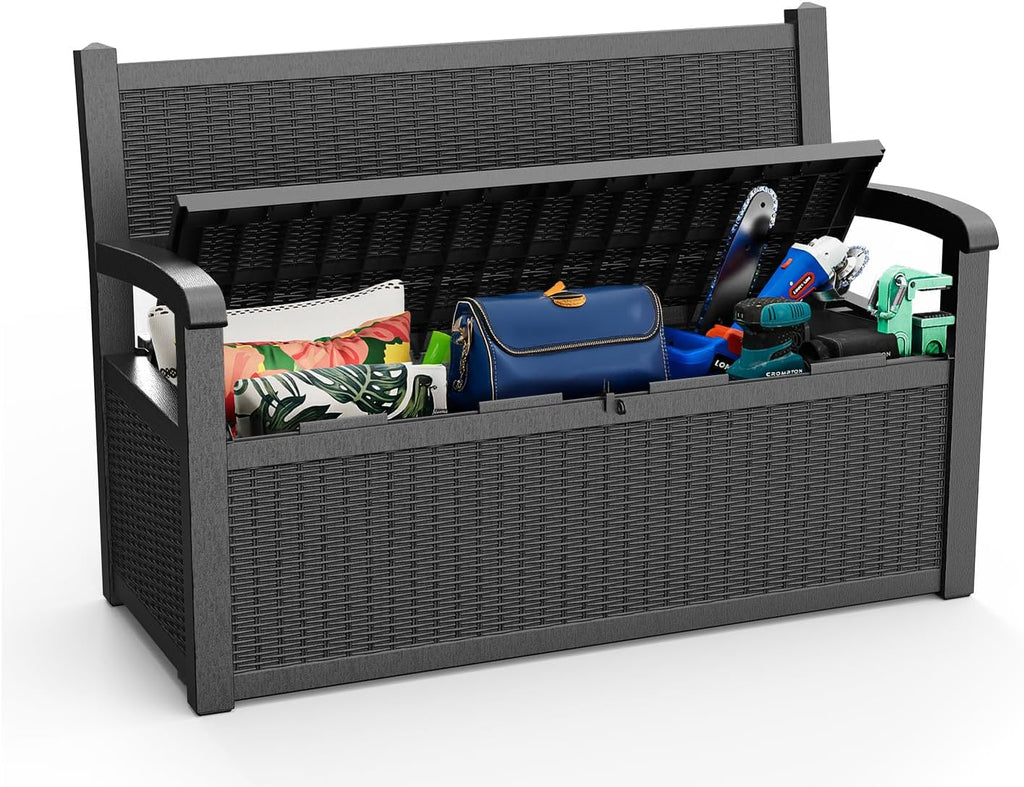 PatioZen 80 Gallon Outdoor Storage Bench Deck Box Waterproof Lockable,Outdoor Storage Furniture for Patio,Garden and Porch,Tools and Cushions（ Black）