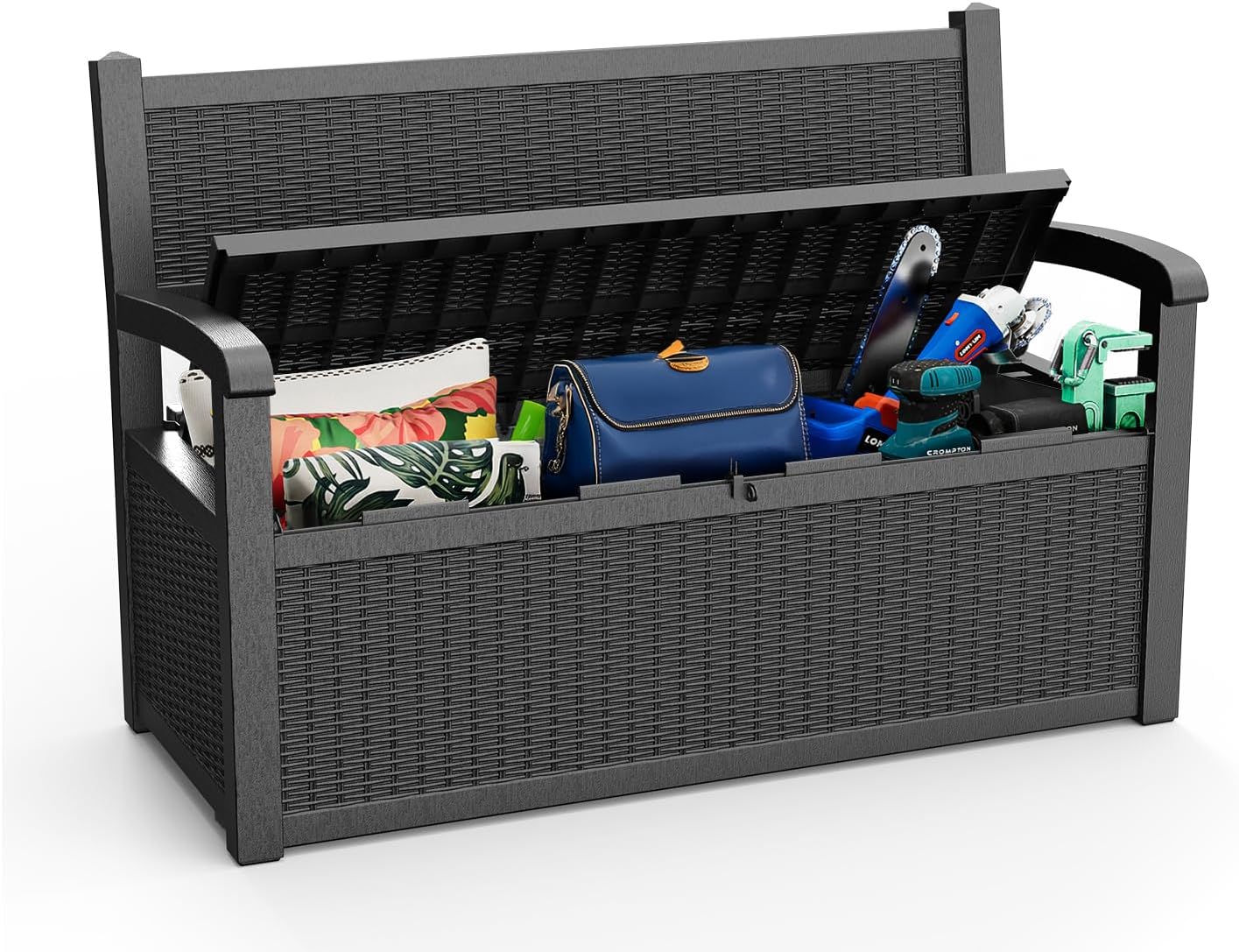PatioZen 80 Gallon Outdoor Storage Bench Deck Box Waterproof Lockable,Outdoor Storage Furniture for Patio,Garden and Porch,Tools and Cushions（ Black）