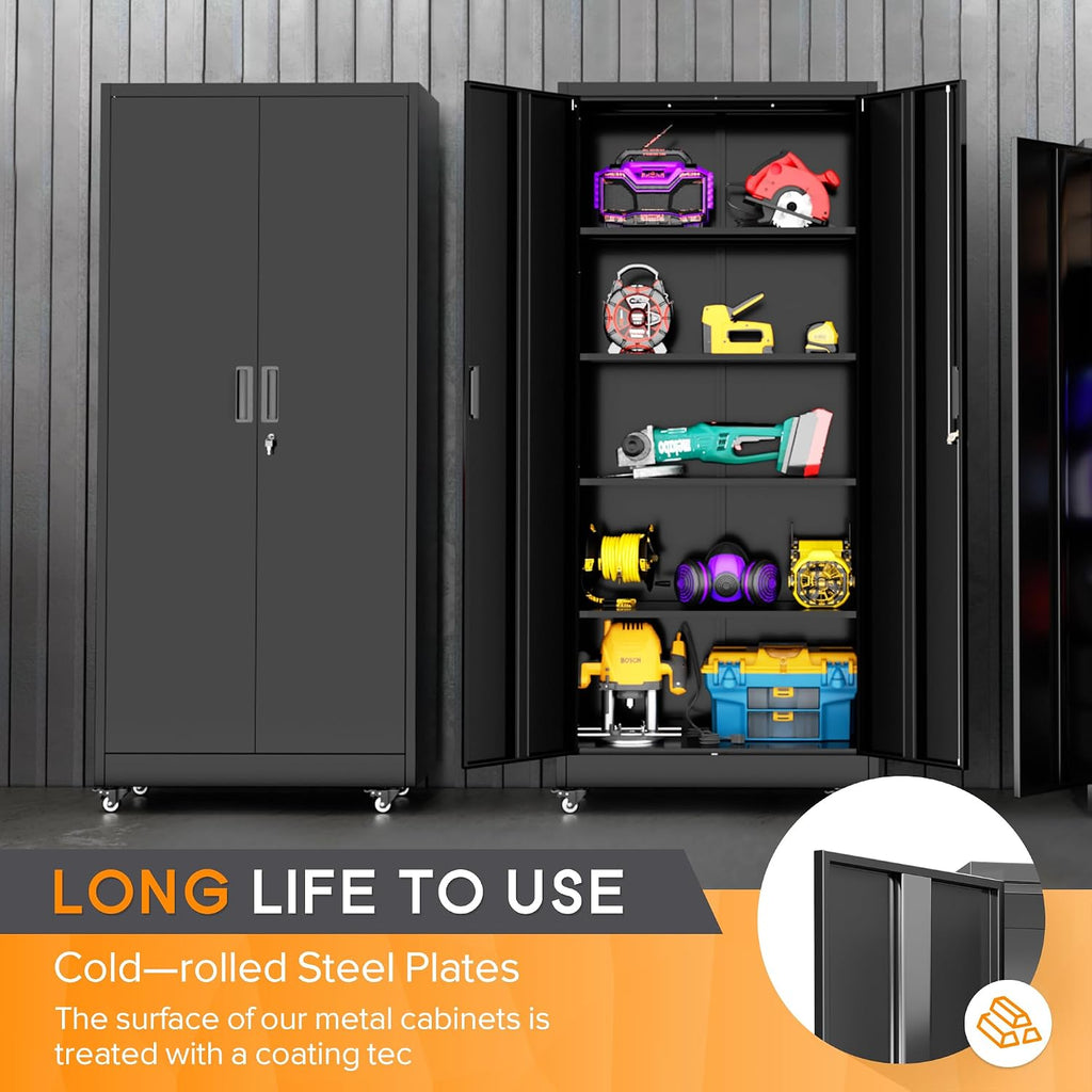 Bonusall 73' Metal Garage Storage Cabinet,Heavy-Duty Rolling Storage Cabinet with Wheels,Assembly Required,Locking Steel Cabinets for Home Office,Warehouse or Workshop-Black