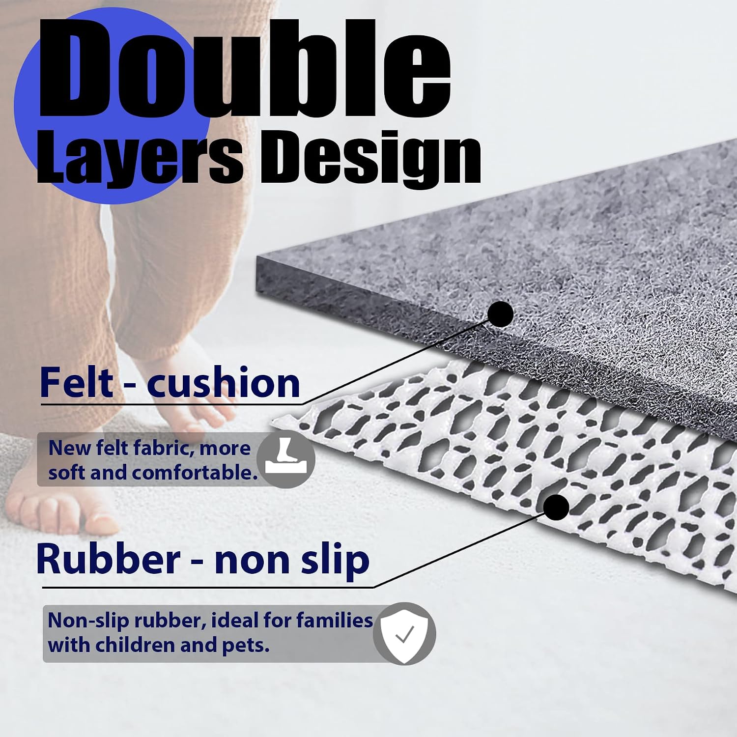 Non Slip Rug Pad Grippers - 8x11 Ft, 1/4' Thick, Felt + Rubber Double Layers Area Carpet Mat Tap, Provides Protection and Cushioning for Hardwood or Tile Floors