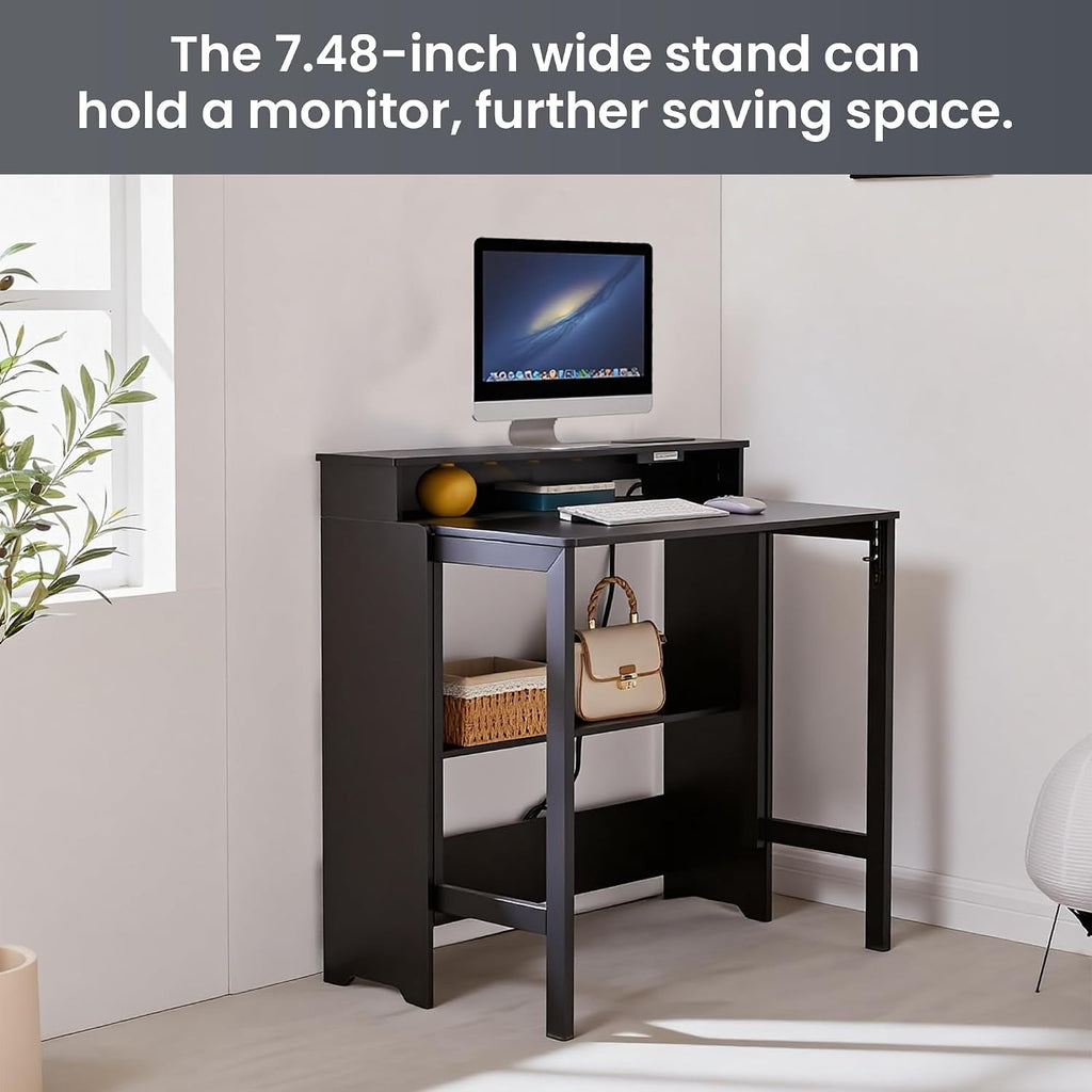 Folding Desk with Charging Station,Fold Out Desk with Monitor Stand,Storage Shelf,Small Foldable Computer Desk for Compact Home Office Spaces (Black)