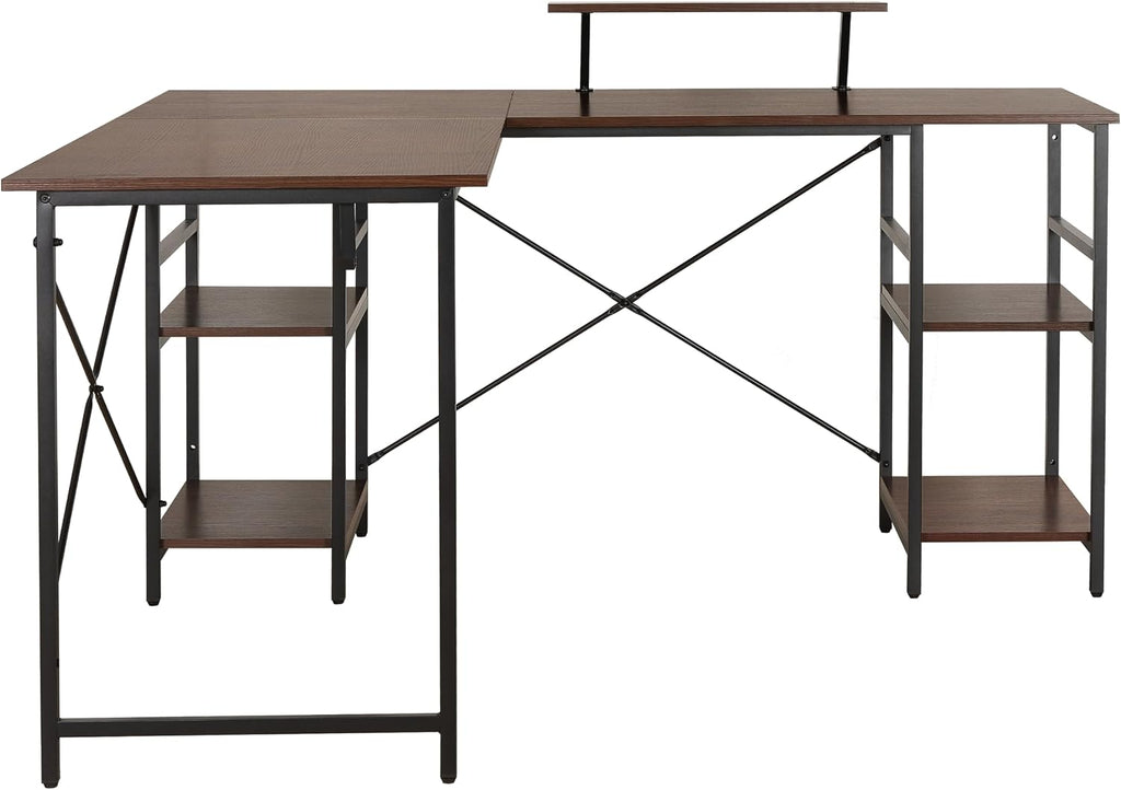 Techni Mobili Office Desk - Reversible L Shaped Desk with Storage Shelves, Monitor Stand & Accessory Holder - Ergonomic & Industrial Workstation Corner Table with Durable Steel Frame, Walnut