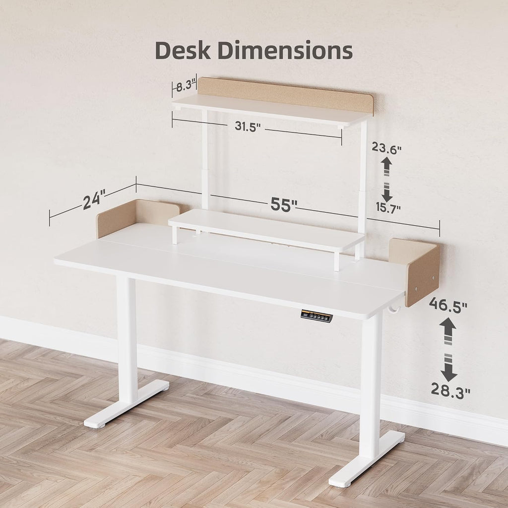 Claiks Electric Standing Desk with Monitor Stand, 55 Inches Electric Height Adjustable Desk with Removable Shelves, Stand Up Computer Desk Workstation, White