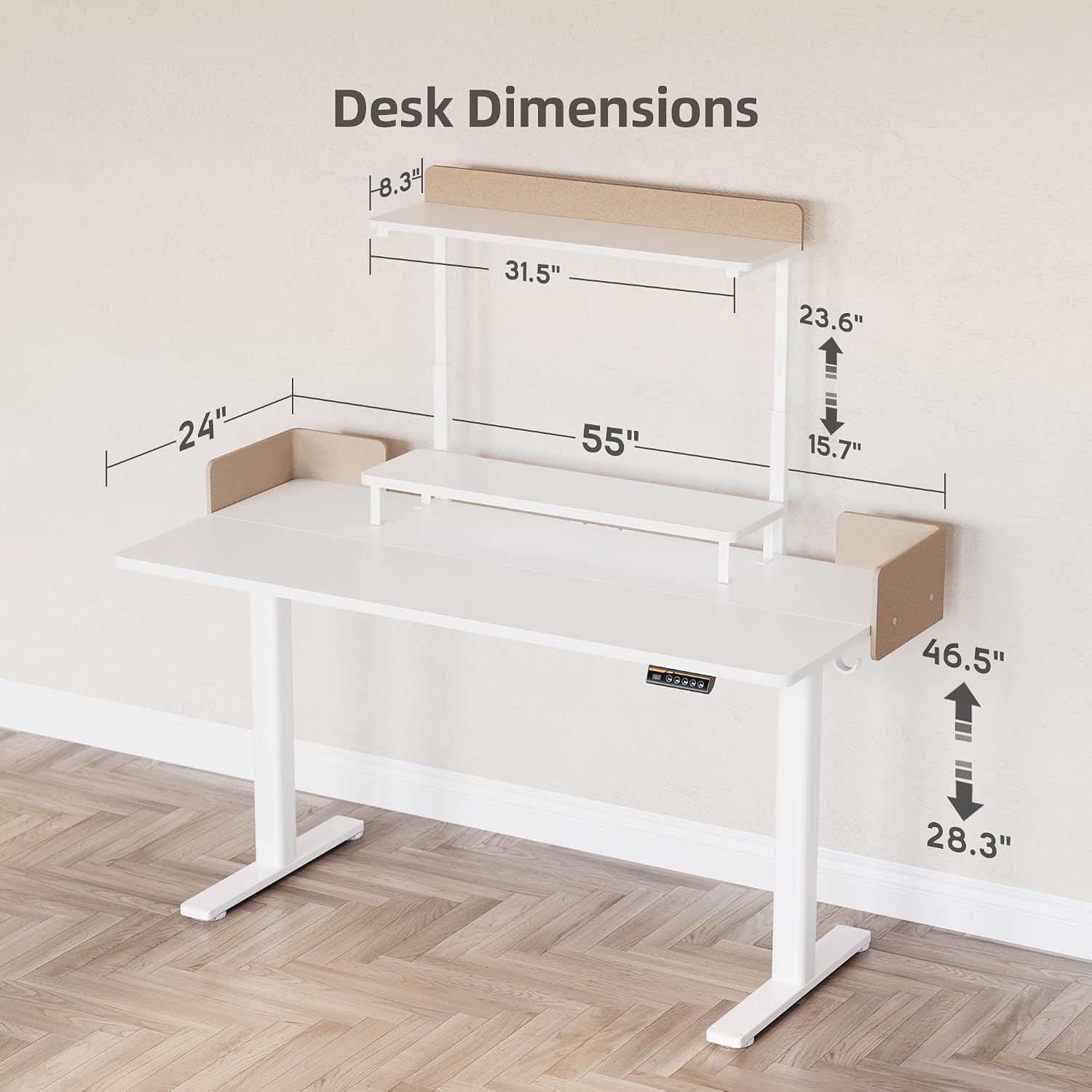 Claiks Electric Standing Desk with Monitor Stand, 55 Inches Electric Height Adjustable Desk with Removable Shelves, Stand Up Computer Desk Workstation, White