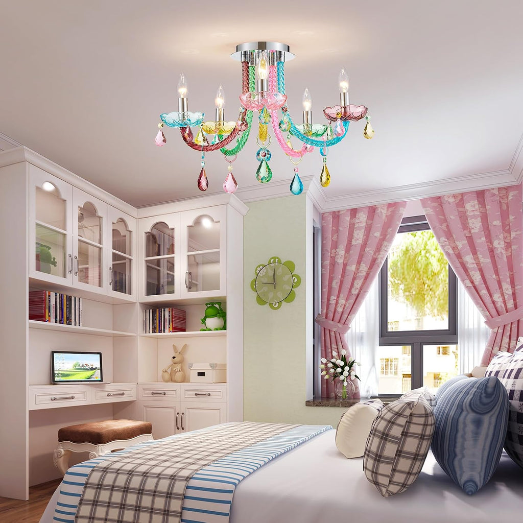 5-Light Children Candle Chandeliers, Modern Candy Design Flushmount Light Fixture for Bedroom, Dining Room, Kitchen, Bathroom, D22×H16 inch, Clear Rainbow Color Finish & K9 Crystal