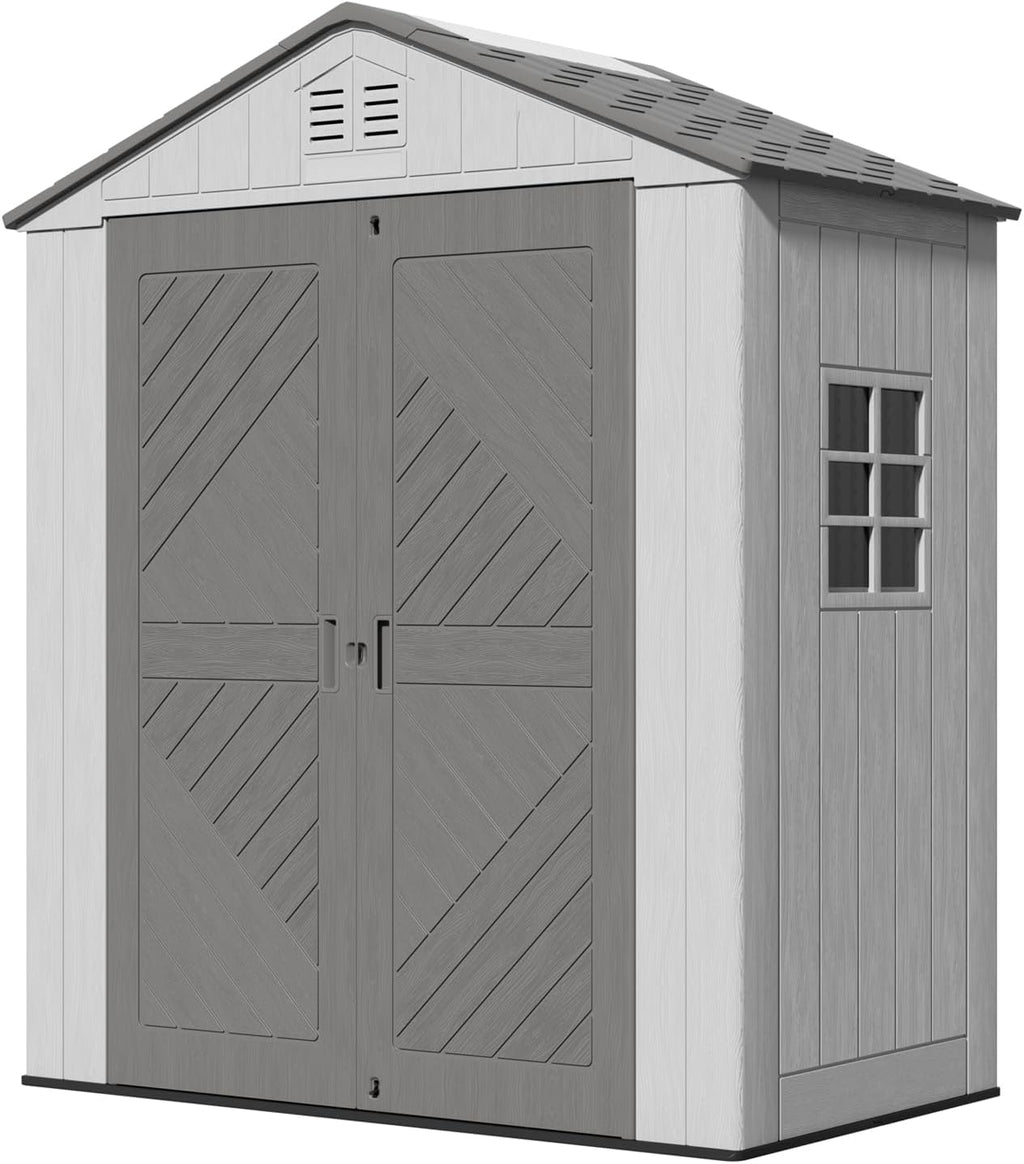 ZZM Outdoor Storage Shed 6x4 Ft, All-Weather Resistant Resin Garden Sheds & Outdoor Storage Clearance with Floor and Windows, Double-Layer Plastic Tool Shed for Backyard, Patio & Lawn (Gray)