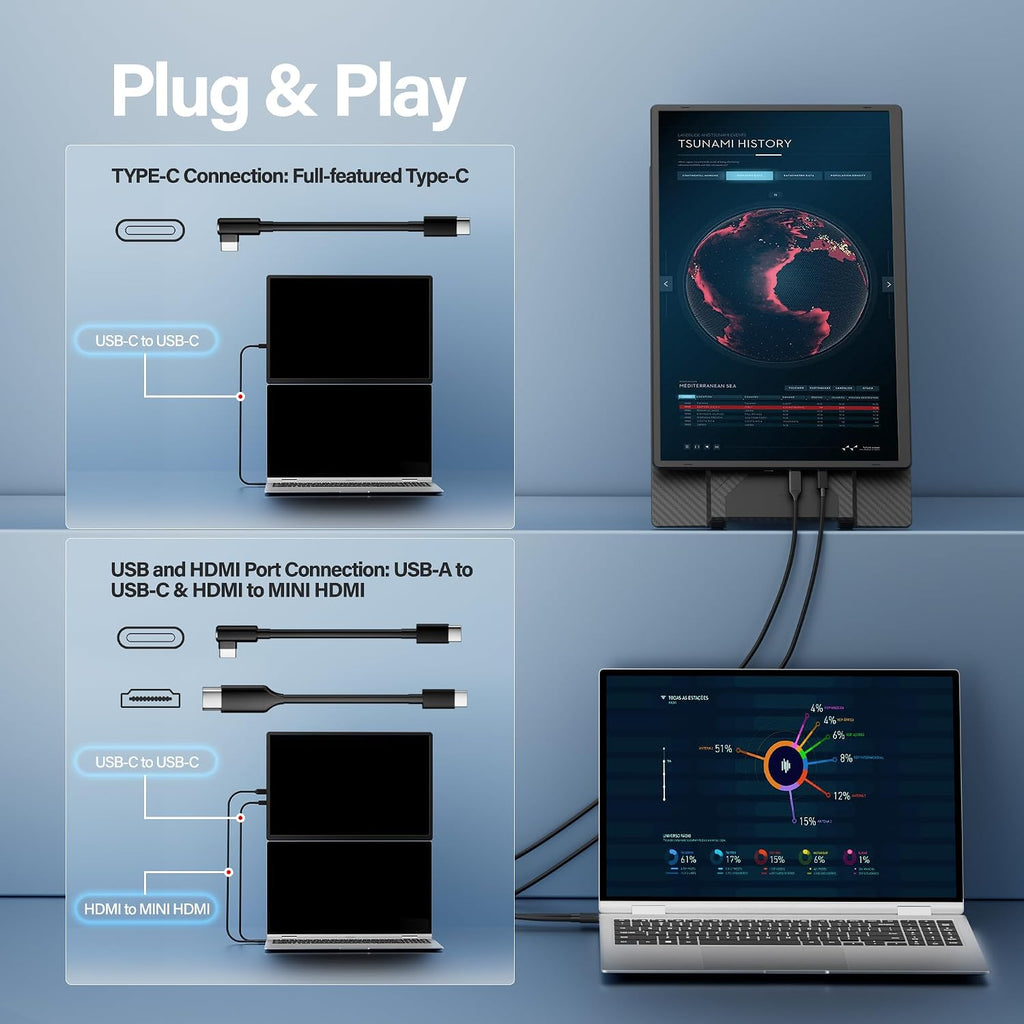 Laptop Screen Extender 16.1', 1920 * 1200 Portable Monitor with Detachable Frameless Display- 360° Rotatable Magnetic Stand, Dual Screen Plug & Play, Extra Monitor for Windows/Mac/Linux/Android