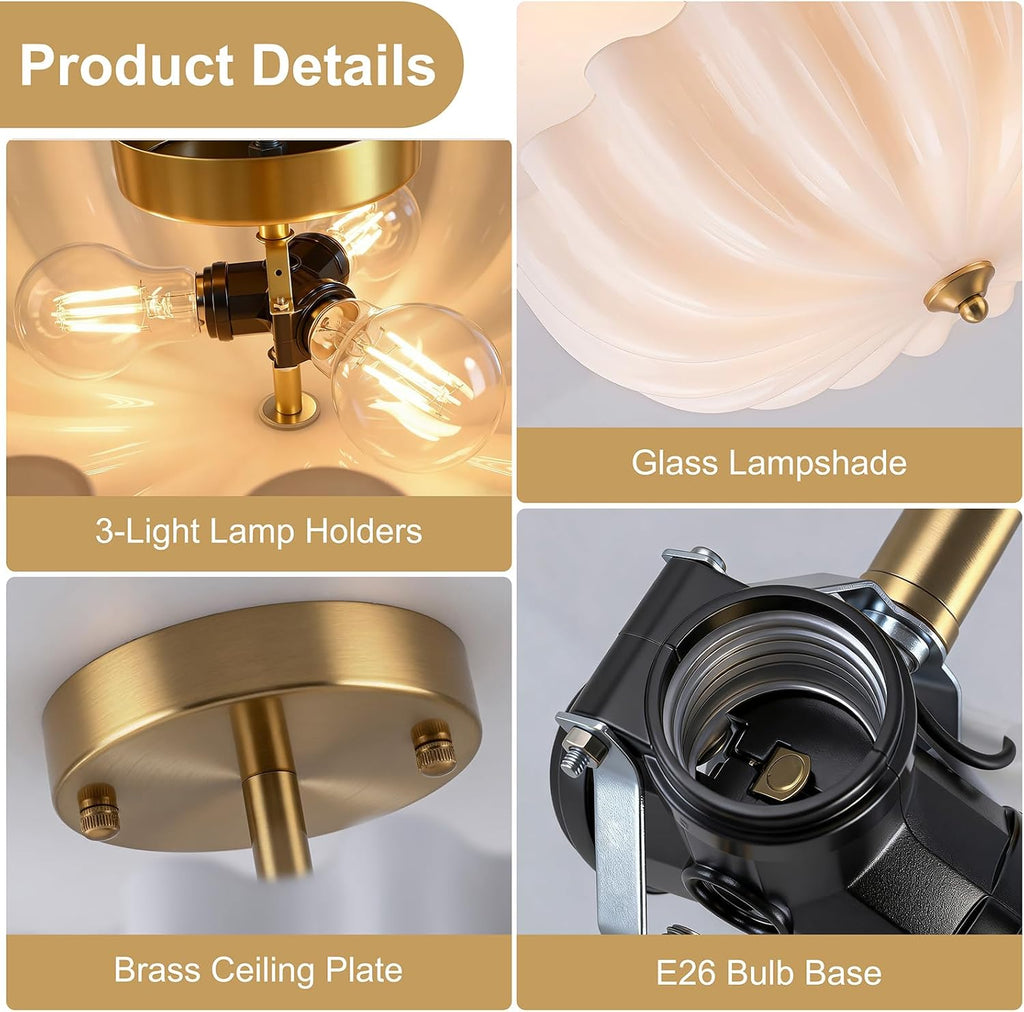 Milk Glass Flush Mount Ceiling Light, 3-Light Gold Hallway Light Fixtures, 15.7'' Vintage Brushed Brass Milk Glass Lights Fixture for Entryway Dining Living Room Foyer