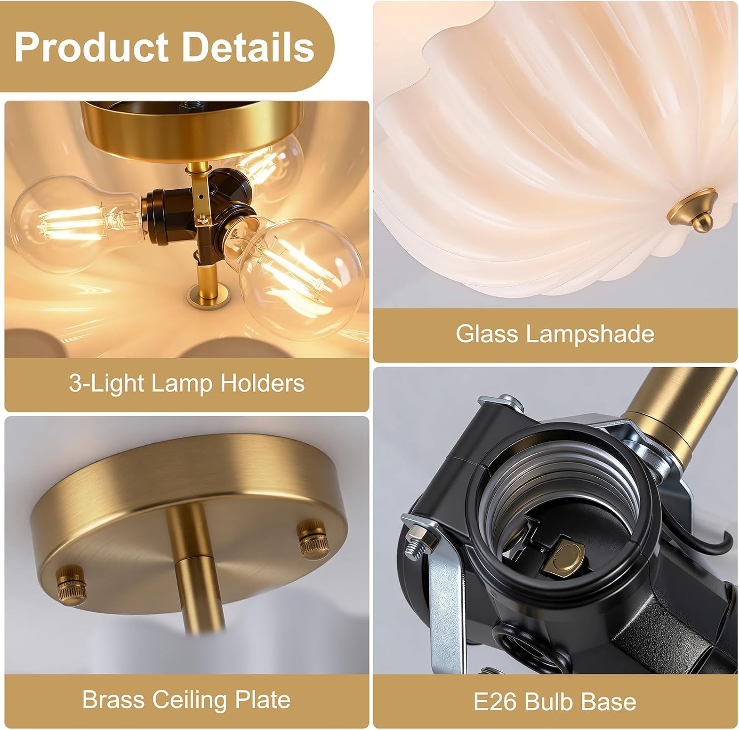 Milk Glass Flush Mount Ceiling Light, 3-Light Gold Hallway Light Fixtures, 15.7'' Vintage Brushed Brass Milk Glass Lights Fixture for Entryway Dining Living Room Foyer