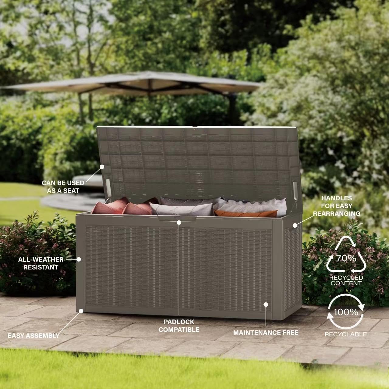 105 Gallon Resin Deck Box, Waterproof Outdoor Storage Bin for Patio Furniture, Pool Accessories, and Garden Tools, Lockable & UV-Resistant, Grey