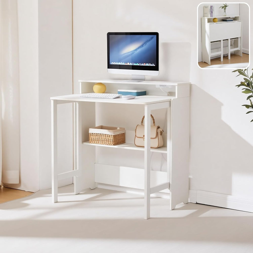 Folding Desk with Charging Station,Fold Out Desk with Monitor Stand,Storage Shelf,Small Foldable Computer Desk for Compact Home Office Spaces (White)