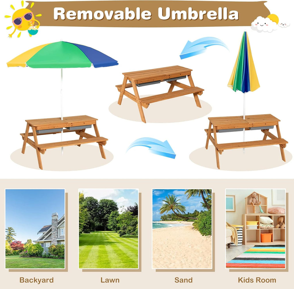 Costzon Kids Picnic Table with Sensory Bins, 4 in 1 Sand and Water Table with Height Adjustable Umbrella, Removable Tabletop, Wooden Kids Outdoor Table for Backyard Patio Play