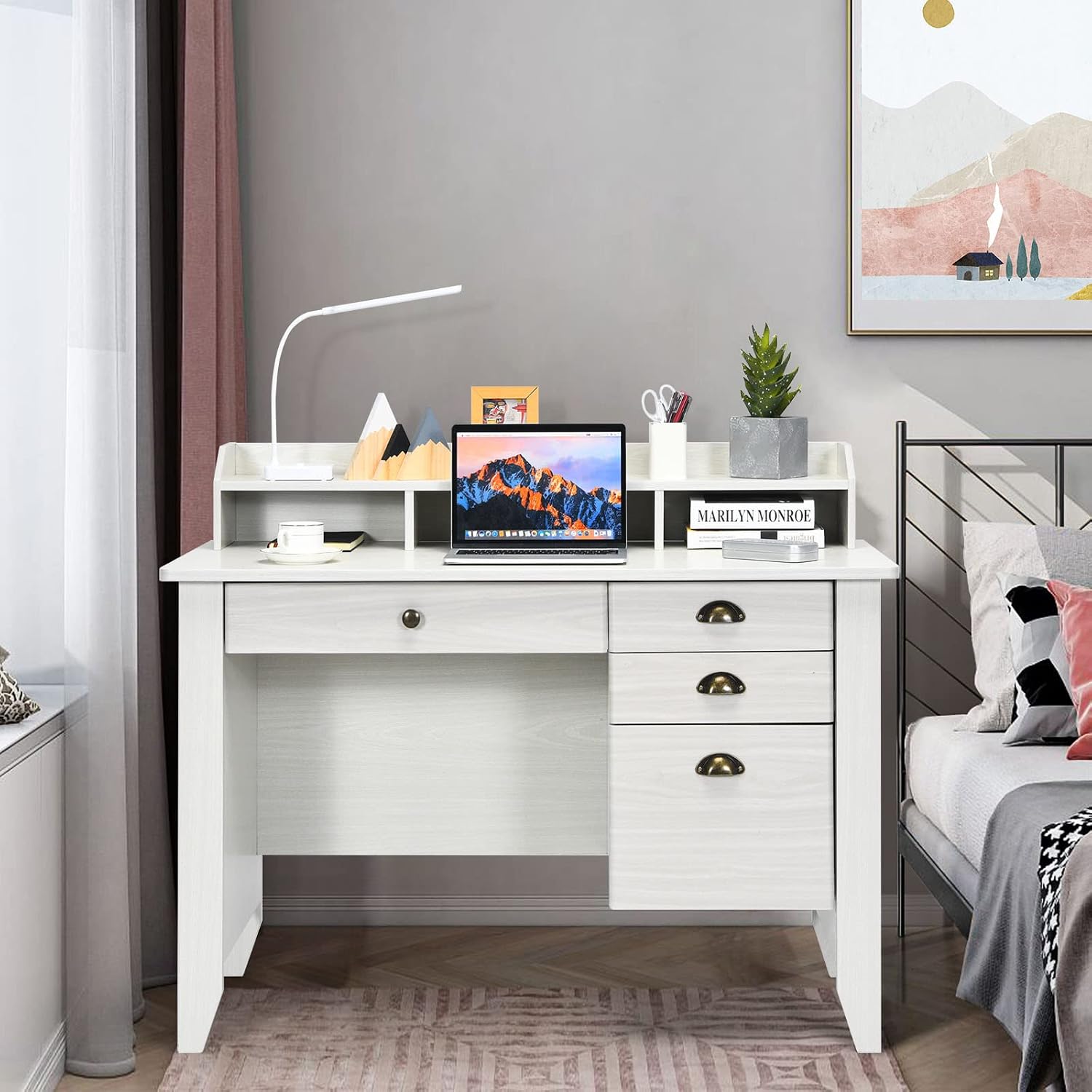 48' Vintage Computer Desk with 4 Storage Drawers & Top Hutch, Home Office Workstation with Drawer & Monitor Stand, Wooden Study Work Writing Table (White)