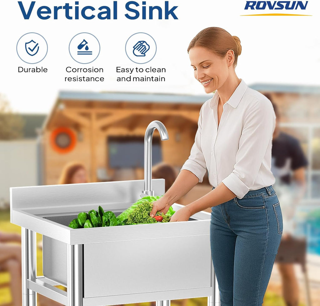 ROVSUN Stainless Steel Utility Sink with Faucet and Storage Shelf, 19.6'D x 21.6'W x 36.9'H, Compact Freestanding Single Bowl Wash Basin for Restaurant, Kitchen, Laundry, Garage & Outdoor Use