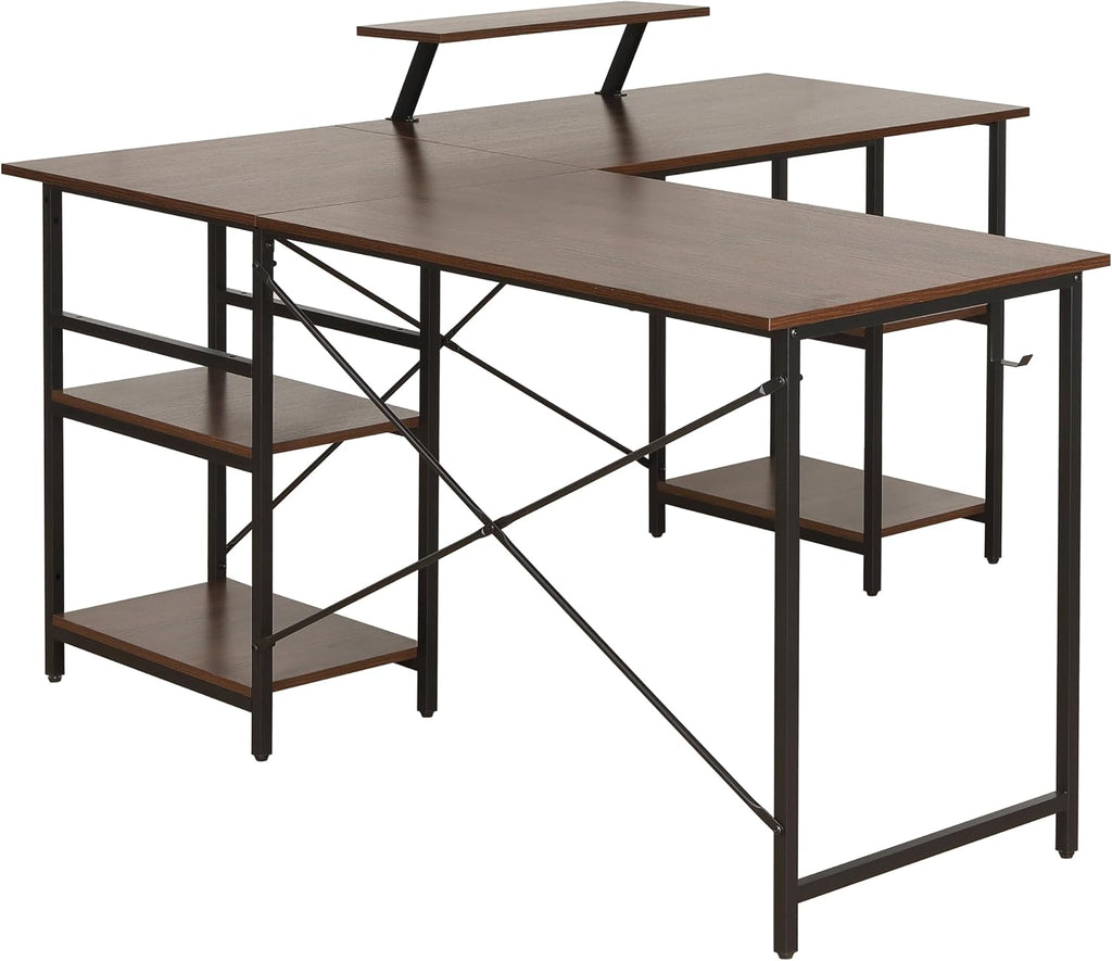 Techni Mobili Office Desk - Reversible L Shaped Desk with Storage Shelves, Monitor Stand & Accessory Holder - Ergonomic & Industrial Workstation Corner Table with Durable Steel Frame, Walnut