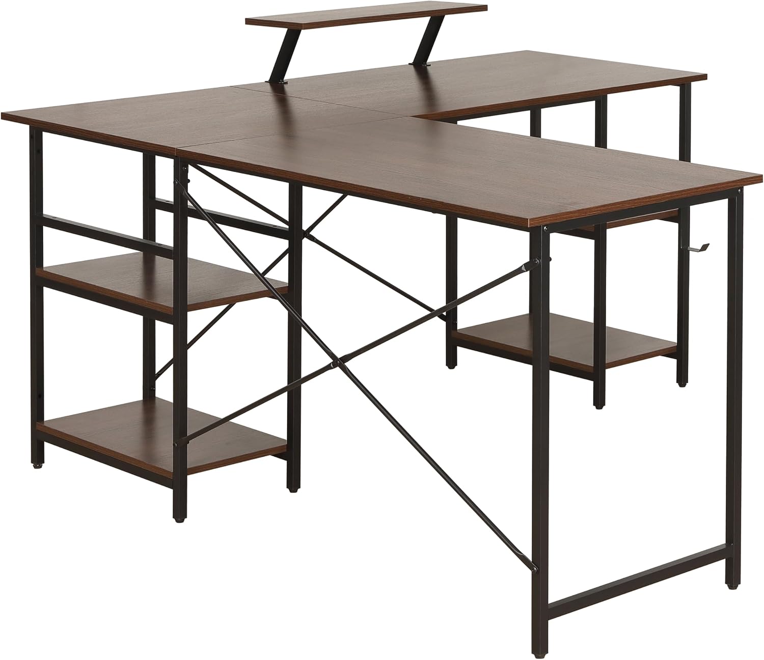 Techni Mobili Office Desk - Reversible L Shaped Desk with Storage Shelves, Monitor Stand & Accessory Holder - Ergonomic & Industrial Workstation Corner Table with Durable Steel Frame, Walnut