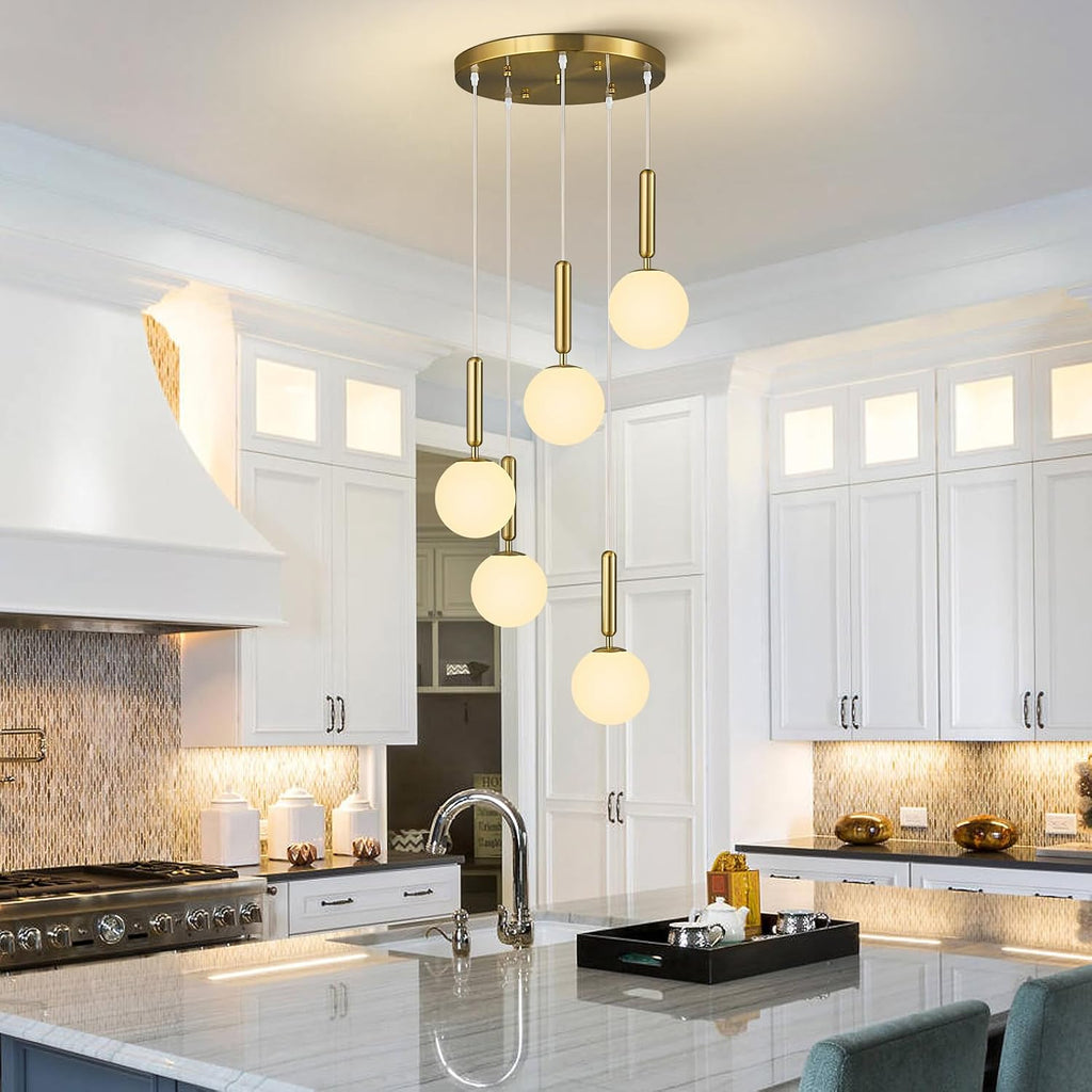 Modern Gold Pendant Light Hanging Fixture Light for Kitchen Island Mid Century with Globe Pendant Light Milk White Glass Pendant Lighting for Living Room Bedroom Entryway (5 Lights)