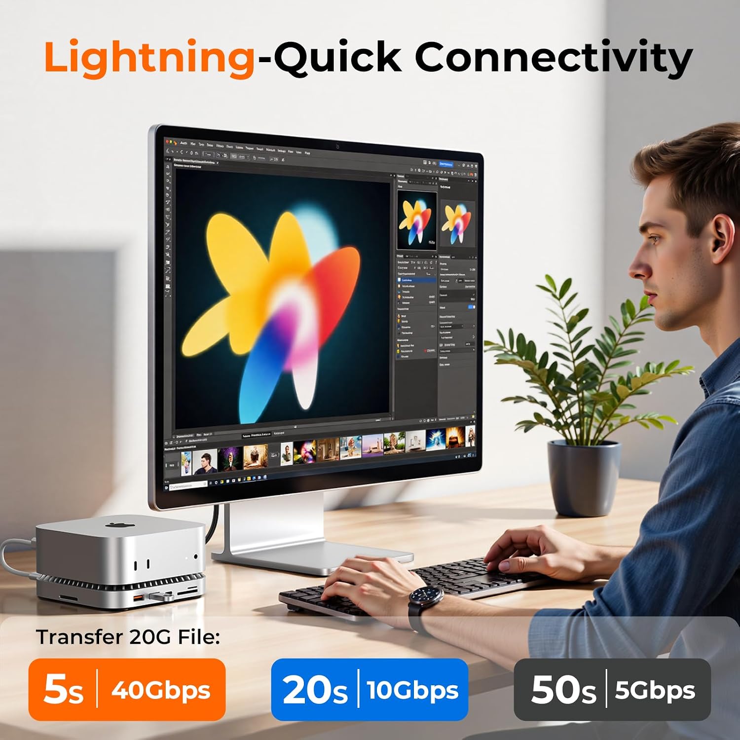 40G Mac mini M4 Dock & Stand with 8T NVMe SSD Enclosure, 11-in-1 USB 4 Mac mini Hub with 2X USB-A 3.2 10Gbps, USB-C 3.2 10Gbps, SD/TF 4.0, 65W Power Adapter, 8K DP Video Interface, 3.5mm Audio