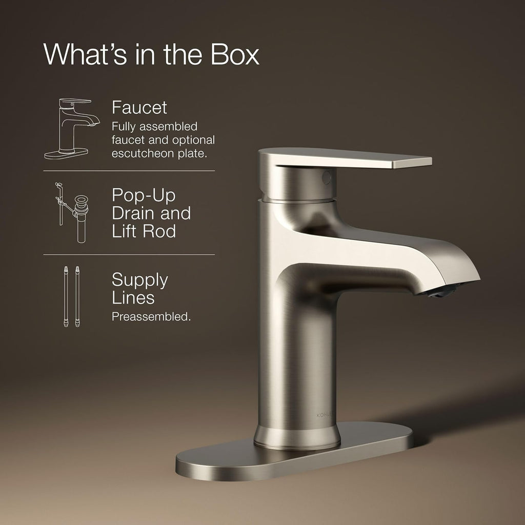 Kohler 97061-4-BN Hint® Single-Handle Bathroom Sink Faucet, 1.2 gpm, Vibrant Brushed Nickel