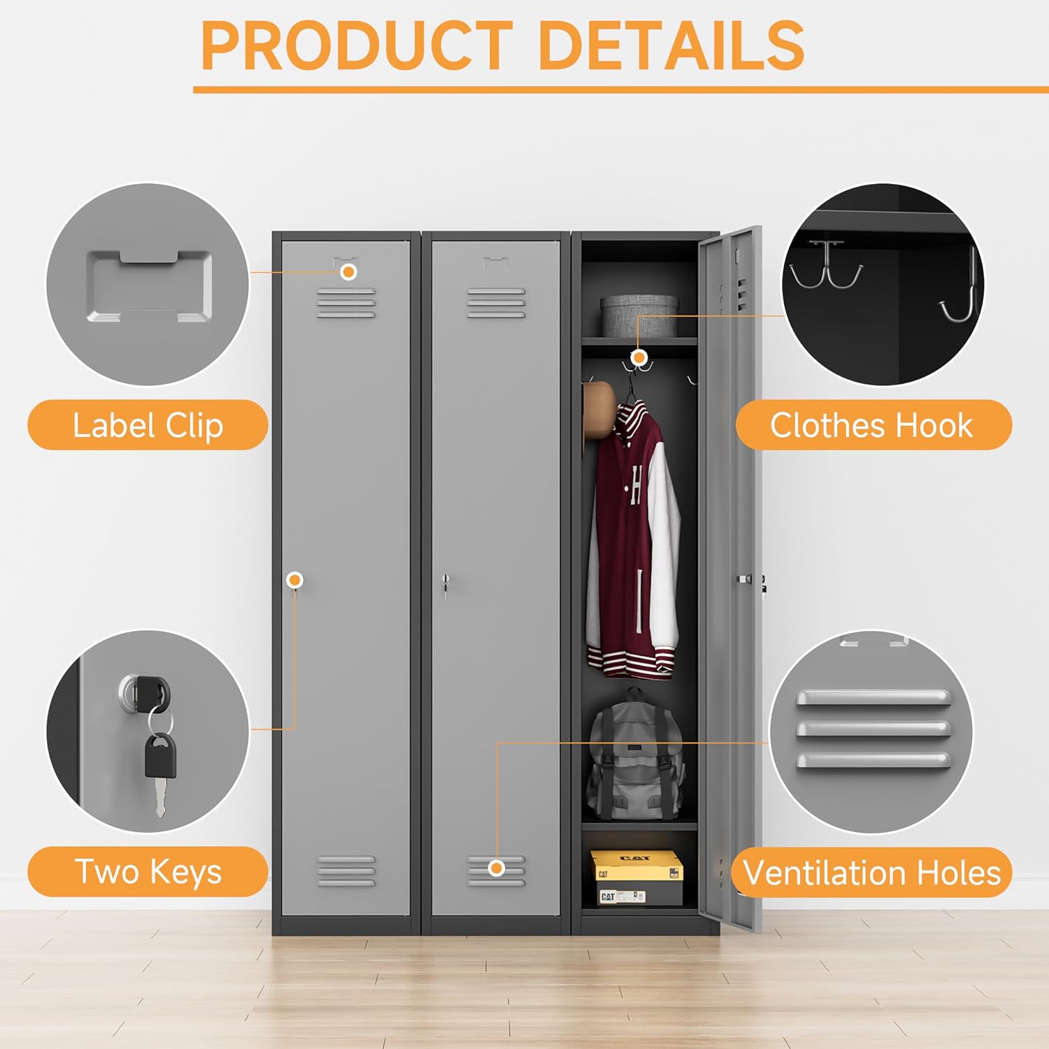 Bestoo Metal Armoire Wardrobe Closet with Locking Doors 71' Tall Narrow Steel Locking Storage Cabinet with 1 Lockable Door and Hooks for Employees, Gym, School, Home and Office (Black Gray)