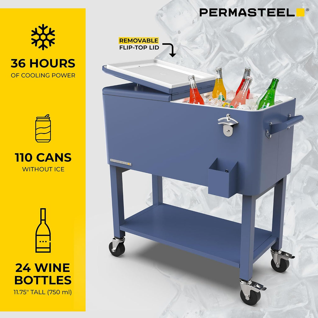 Permasteel Party Cooler with Divider, Removable Basin, Spacious 80-Qt Capacity, Chills 36hrs, Serving Tray, Rolling Ice Chest for Indoor & Outdoor