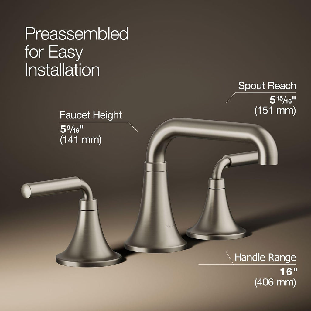 KOHLER K-27416-4-BN Tone™ Widespread Bathroom Sink Faucet, 3-Hole, Widespread Bathroom Faucets with Two Lever Handles and Clicker Drain, 1.2 GPM, Vibrant Brushed Nickel