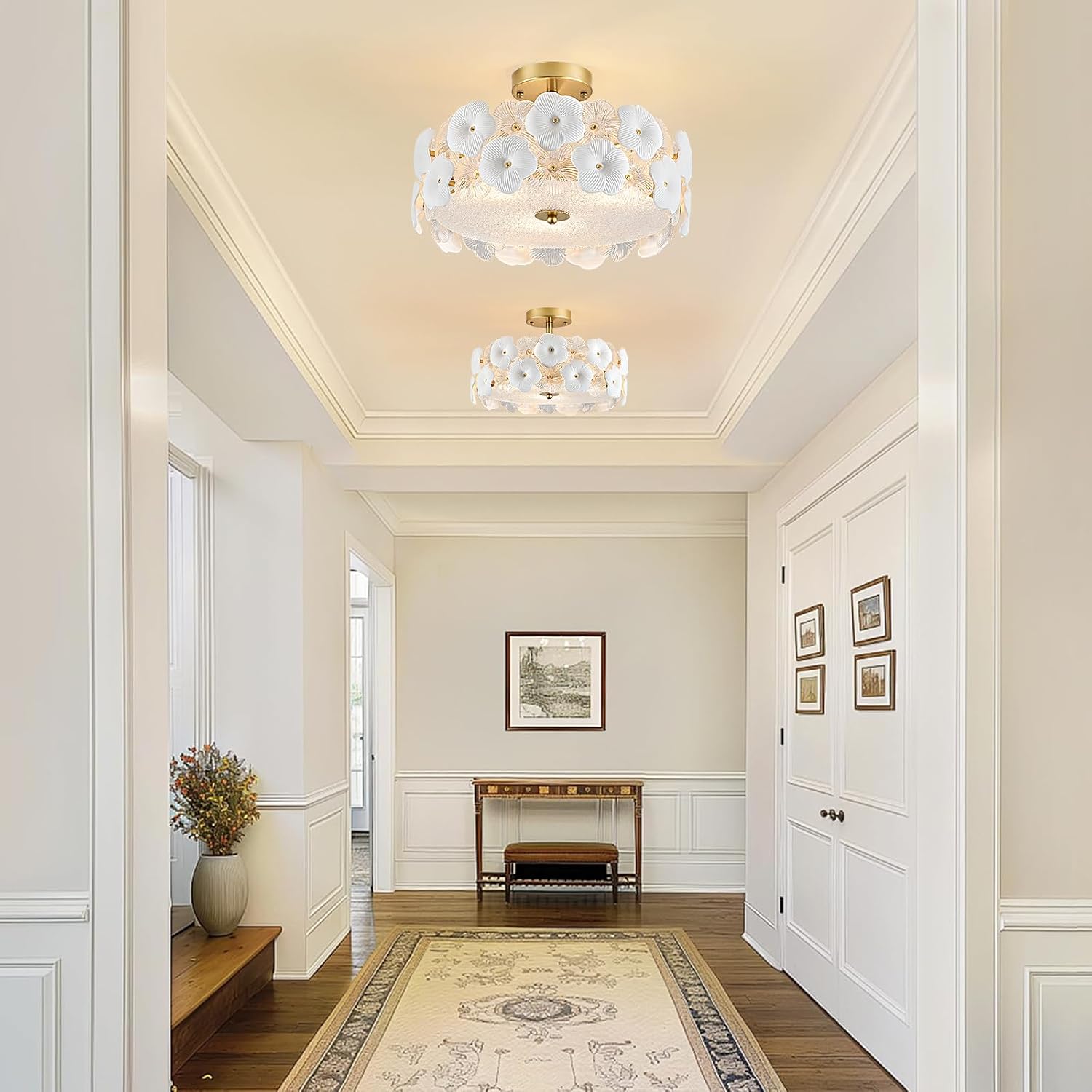 16' Gold Flower Ceiling Light, Glass Semi Flush Mount Ceiling Light, 3-Light Modern Drum Chandelier Ceramic Pendant Lighting for Kitchen, Dining Room, Living Room, Bedroom, Closet, Hallway, Entryway