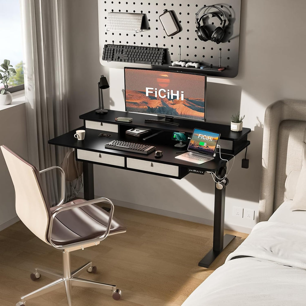 FiCiHi Adjustable Height Standing Desk with 4 Drawers,48 x 30 inches Electric Sit Stand Home Office Desk with Two Tiers, 3 Memory Presets, Monitor Stand Riser, USB A/C Charging Port