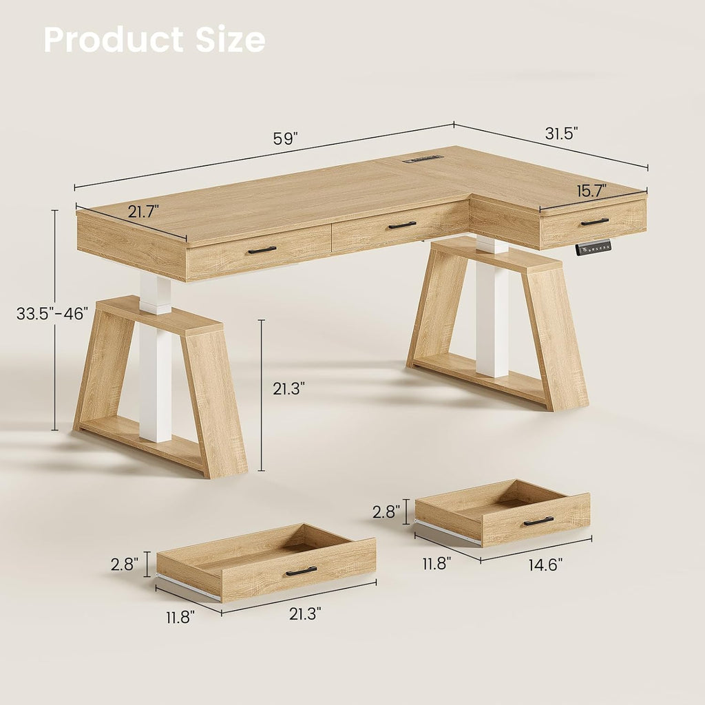 SEDETA 59 Inch L Shaped Electric Standing Desk with Drawers, Executive Adjustable Desk with Power Outlets, Sit Stand Computer Table for Home Office, Oak
