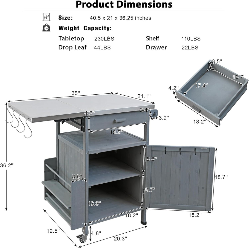 40.5' Outdoor Grill Cart with Stainless Steel Top, Solid Wood Outdoor Storage Cabinet with Drop Leaf, One Drawer, Towel Rack, Rolling Kitchen Cart with Lockable Wheels for Lawn Garden, Blue