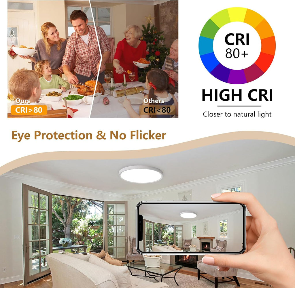 Dimmable 12Inch LED Flush Mount Ceiling Light, 24W, 2520LM, 2700K/3000K/4000K/5000K/6000K CCT Selectable,LED Round Flat Panel Light Dimmable from 5% to 100% for Bedroom,Kitchen,Hallway, White 12PK