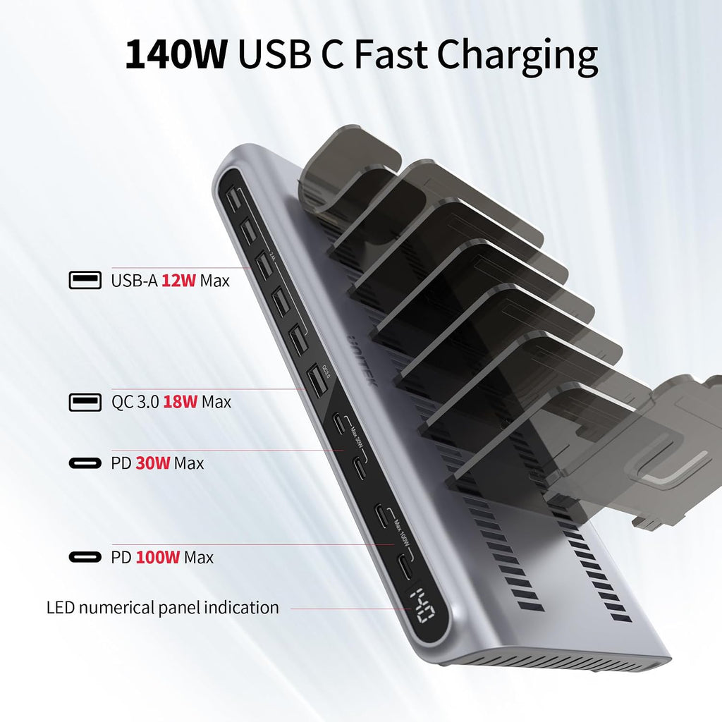 Unitek Charging Station for Multiple Devices - 140W USB C Fast Charging Stand with Digital Display for Laptop iPad iPhone Charging Dock with Smartwatch & Airpods Holder