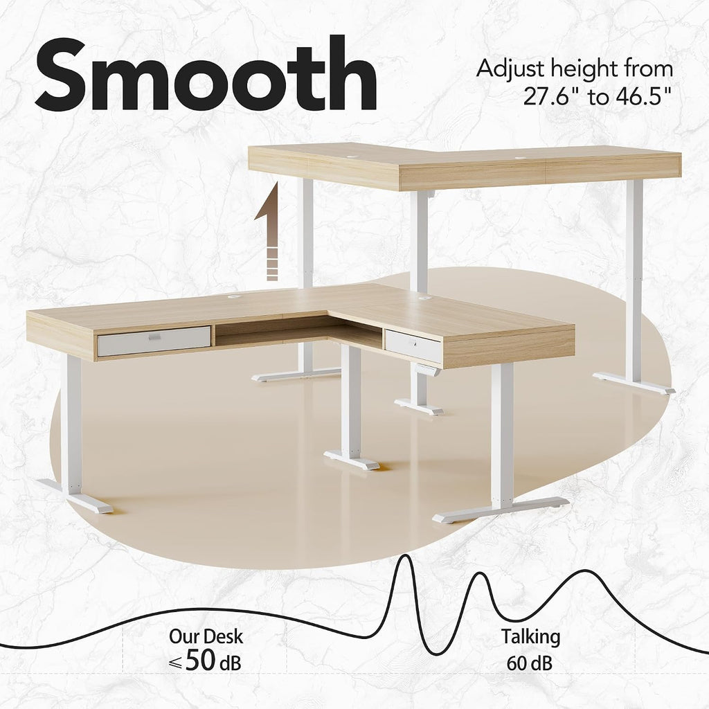 HUANUO Electric L Shaped Standing Desk, 63″ Height Adjustable Corner Standing Desk with 2 Under Desk Drawers & Open Storage Sapce, Stand Up Table with Power Strip Tray & Cable Grommets, Light Walnut