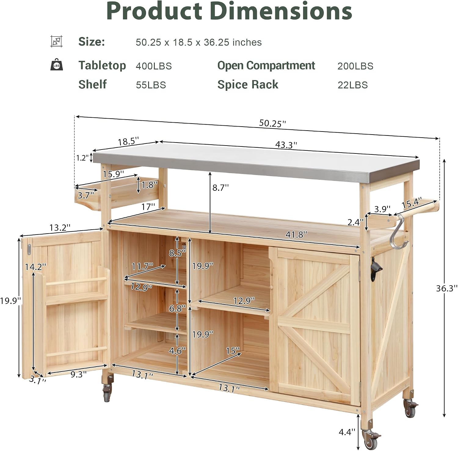 Outdoor Kitchen Island, Rolling Bar Cart & Storage Cabinet, Farmhouse Solid Wood Outdoor Grill Table with Stainless Steel Top, Spice Rack, Towel Rack for Kitchen & BBQ, Natural