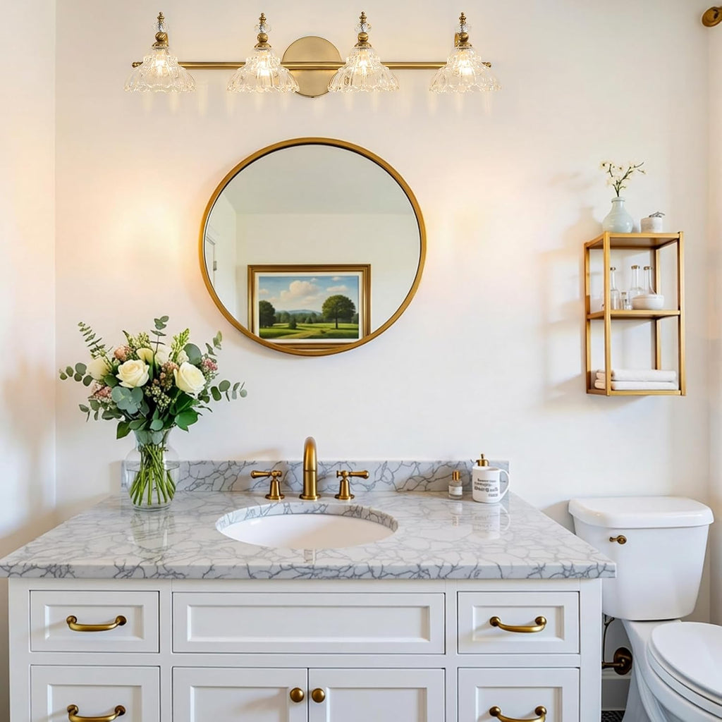 LOUSACE 4-Light Gold Vintage Bathroom Vanity Lights, Antique Brass Bathroom Lighting Fixture Over Mirror with Crystal Glass Shade, Retro Brass Vanity Lighting Fixtures Wall Sconce for Bathroom Bedroom