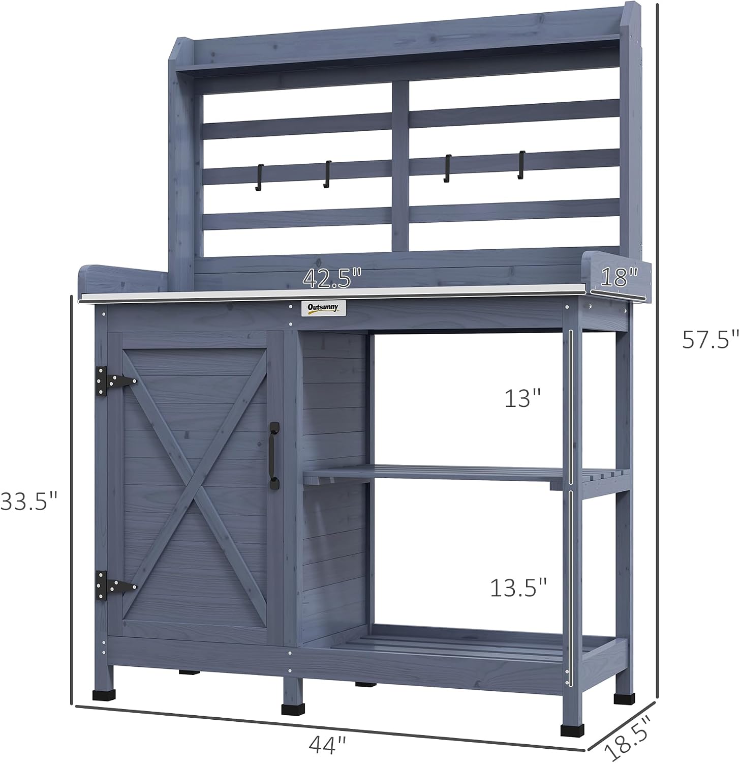 Outsunny Outdoor Wooden Potting Bench Table, Garden Workstation with Storage Cabinet, Storage Shelves for Backyard, Patio, Balcony, Gray