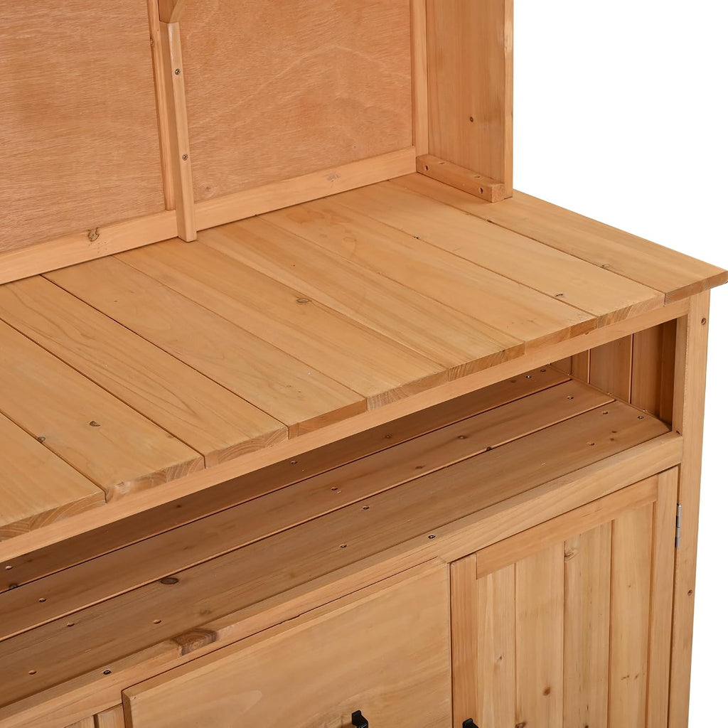 Large Fir Wood Potting Bench, 45.3''L Multi-Functional Outdoor Patio Kitchen Island with Hutch,Drawers & Hooks,Large Countertop for Gardening, Grill (Natural Wood-1)