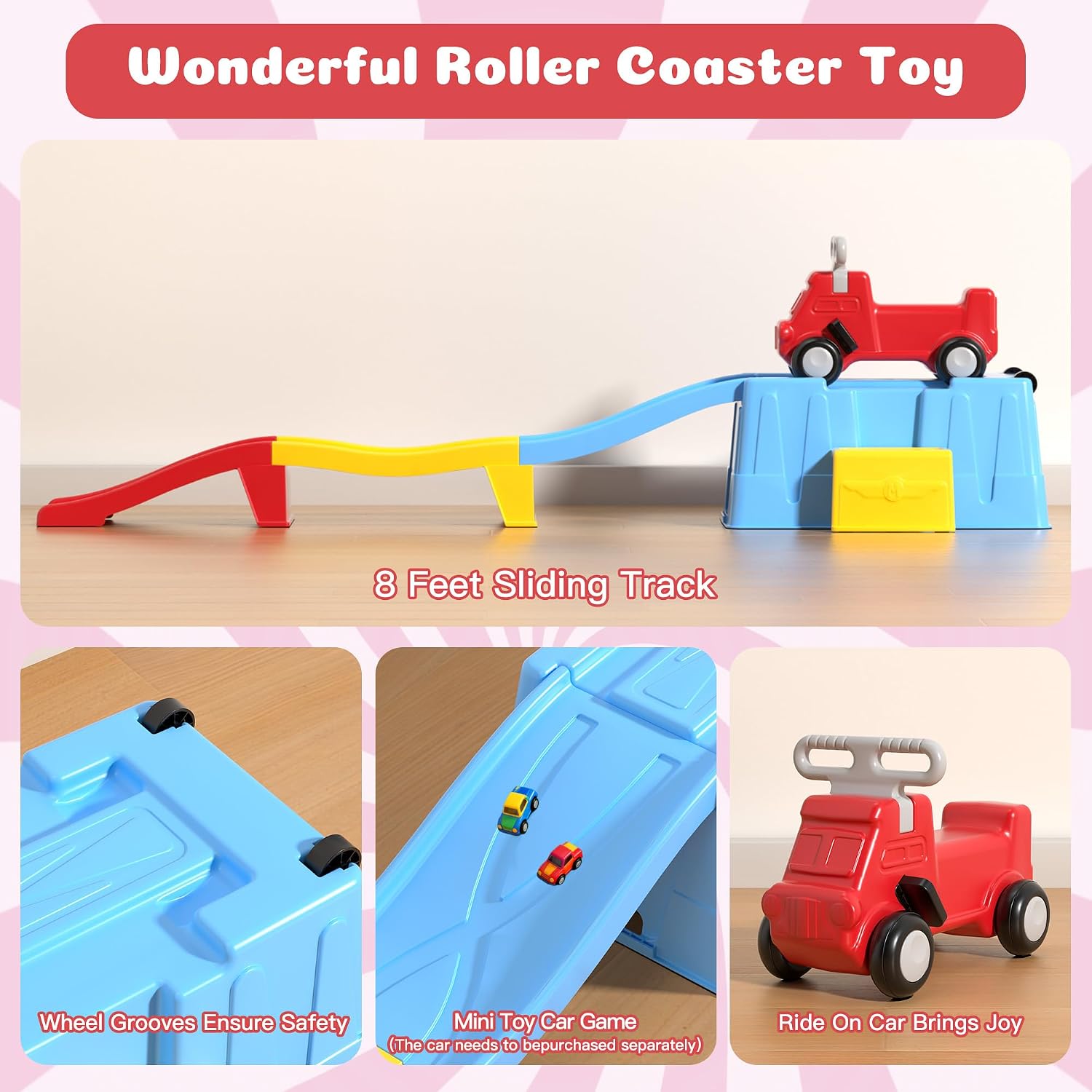 Up & Down Roller Coaster，Kids Ride On Toy，Toddler Push Car with Assembled Race Track & Storage Base Box, Indoor Outdoor Playset
