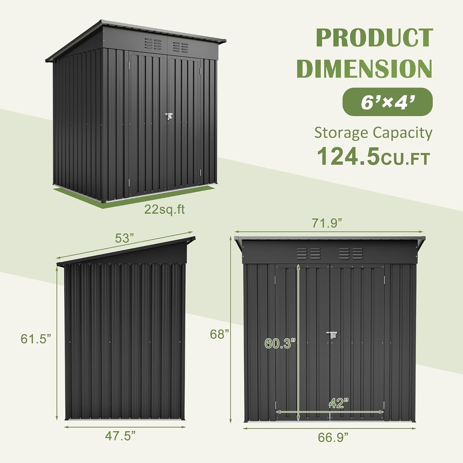 CHUNLY 6 x 4 ft Outdoor Storage Shed with 2 Double Hinged Door & Floor Base, All Weather Tool Shed Outdoor Storage Lockable Garden Shed Storage Room for Garden Patio Backyard Lawn Black