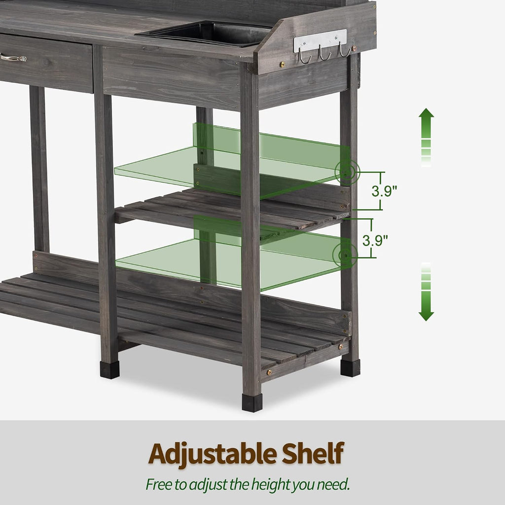 MCombo Potting Bench, Outdoor Garden Potting Table with Dry Sink, Drawer, Storage Shelves, Natural Wooden Work Station for Patio, Backyard and Porch 0458 (Grey)