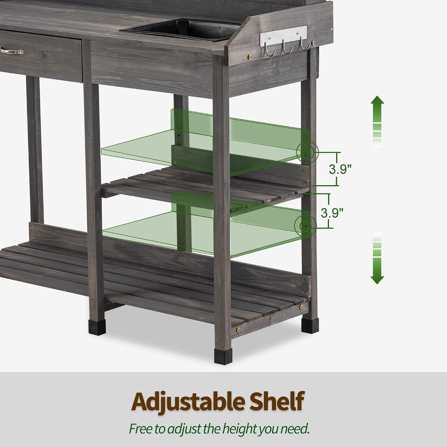 MCombo Potting Bench, Outdoor Garden Potting Table with Dry Sink, Drawer, Storage Shelves, Natural Wooden Work Station for Patio, Backyard and Porch 0458 (Grey)