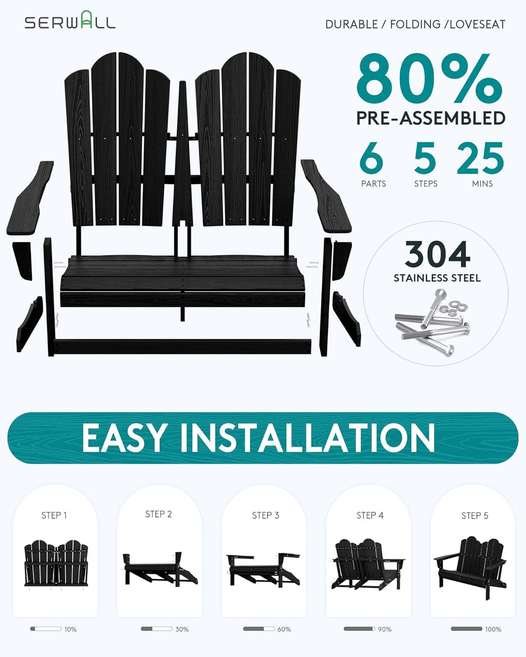 SERWALL 4 Pieces HDPE Patio Adirondack Chair Set, 2 Adirondack Chair with Cup Holder & 1 Adirondack Bench & 1 Coffee Table with Umbrella Hole, Black