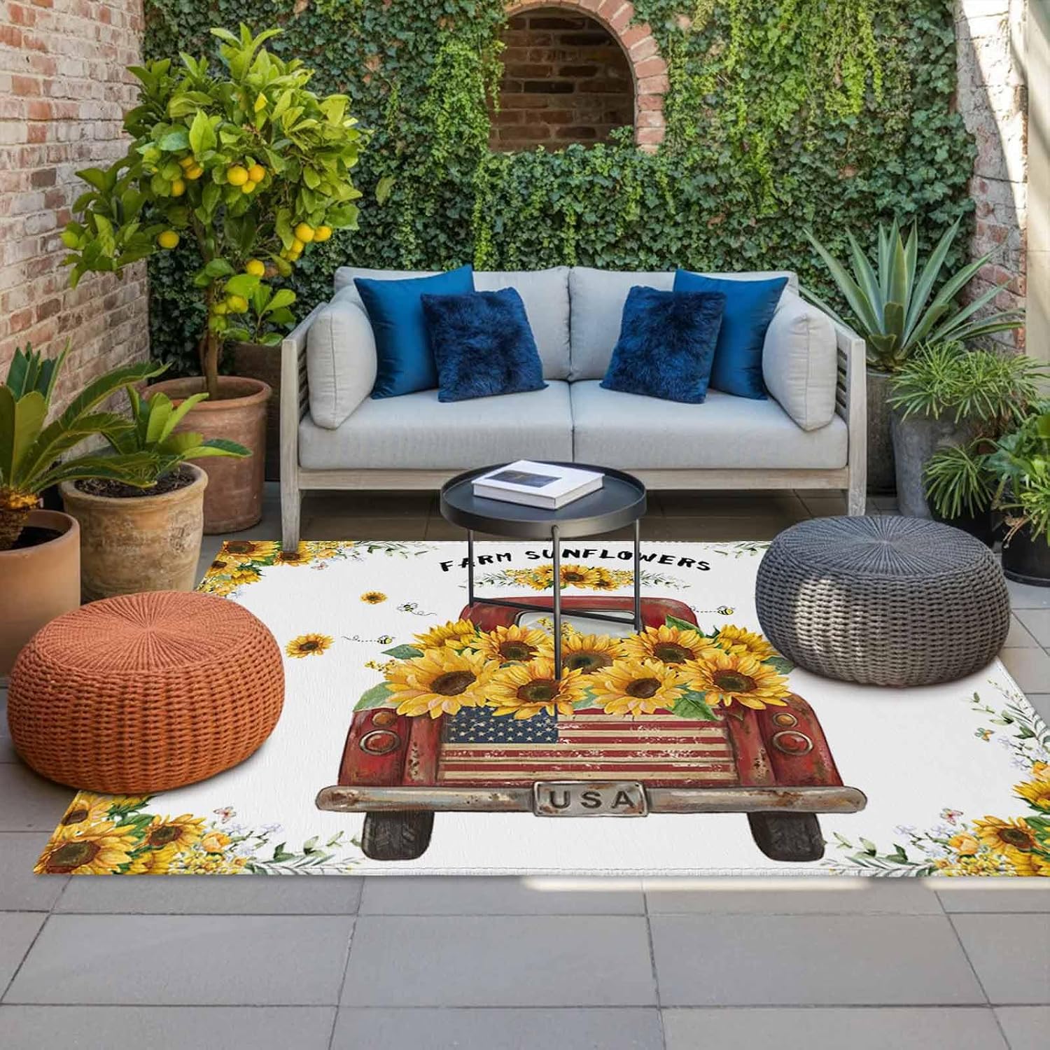 Sunflower Truck Outdoor Rug for Patio/Deck/Porch, Non-Slip Large Area Rug 5 x 7 Ft, Yellow Flowers Summer Botanical Watercolor Indoor Outdoor Rugs Washable Area Rugs, Camping Rug Carpet Runner