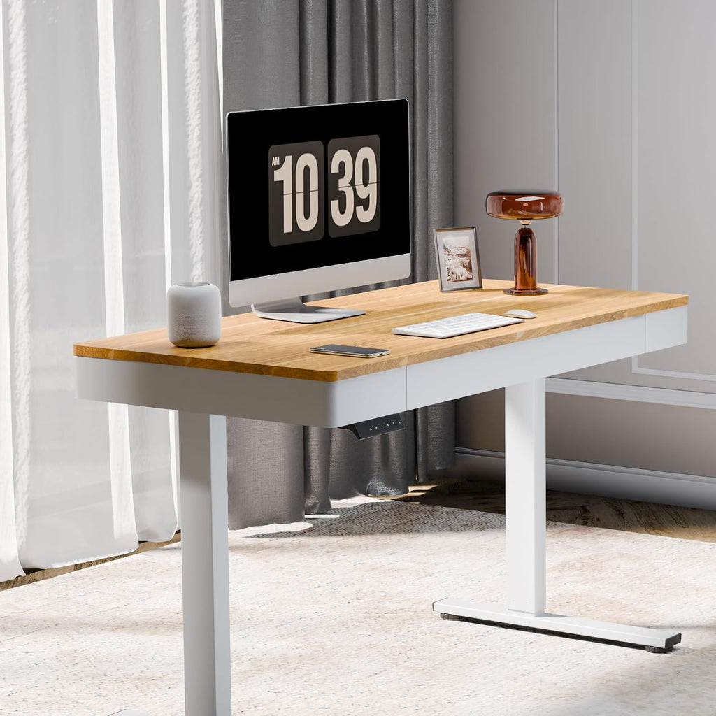 FLEXISPOT Standing Desk with Drawer, 48 x 24 Inch Electric Adjustable Height Stand Up Desk with Storage Organizer, Whole Piece Wooden Desktop for Home, Office, Computer Workstation, Maple