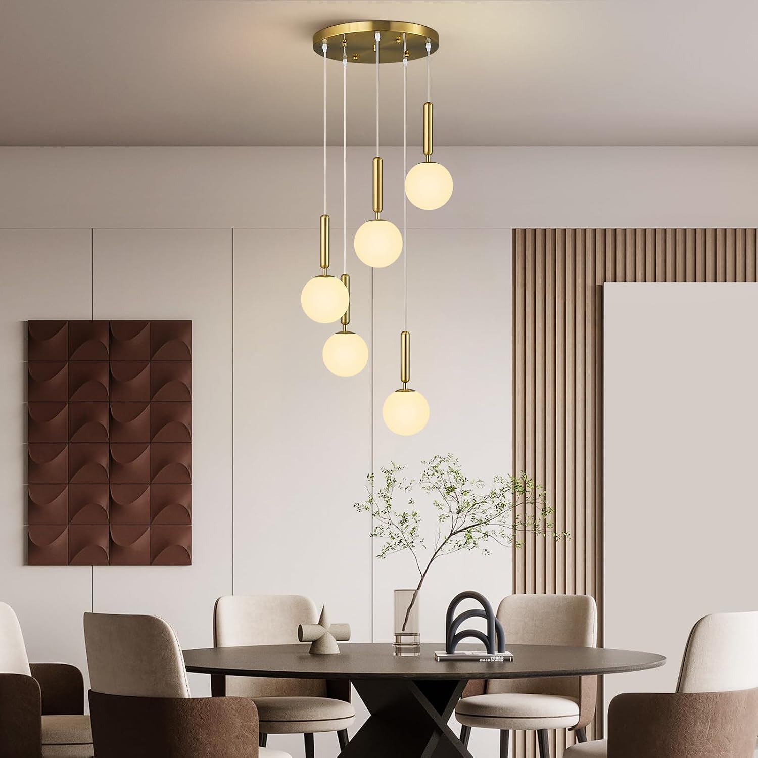 Modern Gold Pendant Light Hanging Fixture Light for Kitchen Island Mid Century with Globe Pendant Light Milk White Glass Pendant Lighting for Living Room Bedroom Entryway (5 Lights)