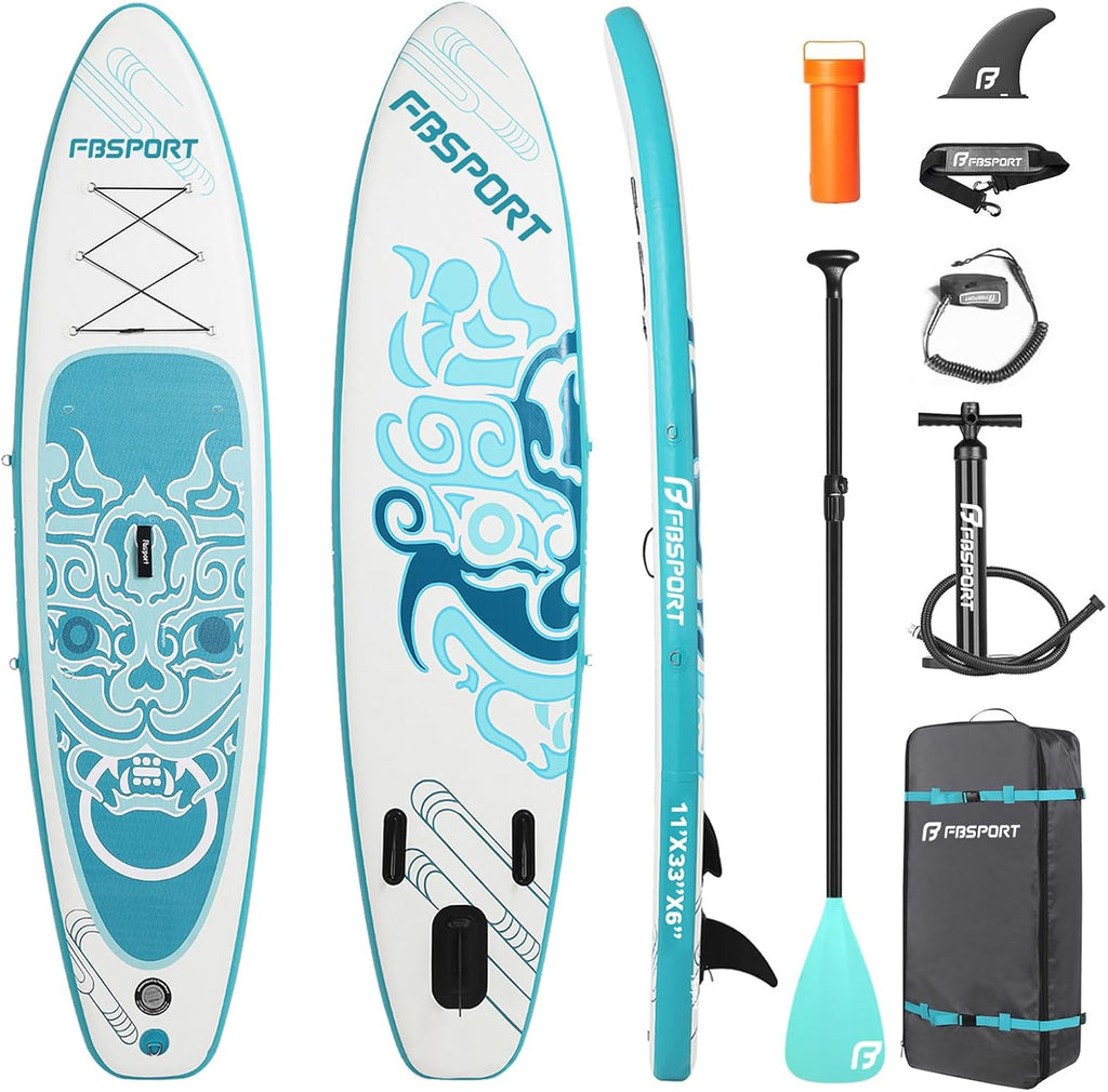 FBSPORT 11' Premium Stand Up Paddle Board, Yoga Board with SUP Accessories & Carry Bag | Wide Stance, Surf Control, Non-Slip Deck, Leash, Paddle and Pump for Youth & Adult