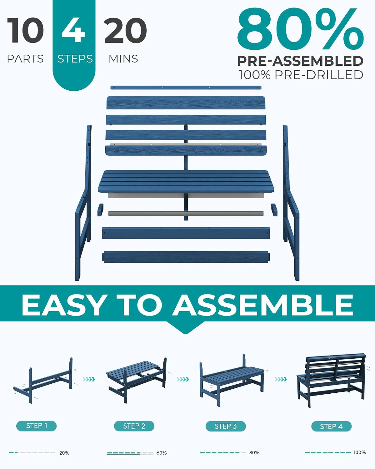 SERWALL Outdoor Bench, All Weather HDPE Outdoor Benches, 2-Person Armless Porch Bench with 600 lbs Weight Capacity, Patio Benches for Outdoors, Porch, Park and Dining, Navy