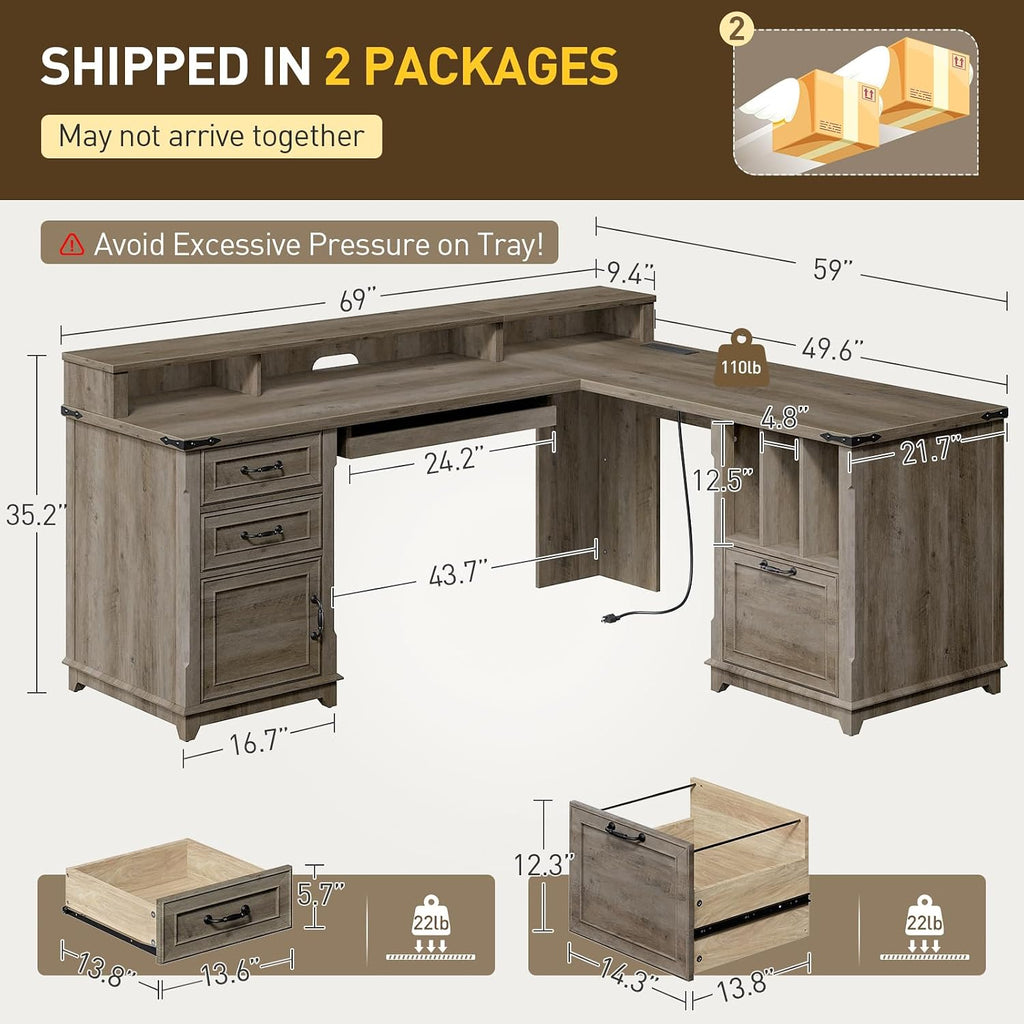 RALGEND Farmhouse 69' Executive L Shaped Desk with Drawer, Home Office Desk with Charging Station, Corner Computer Desk with Monitor Stand, File Drawer, Storage Cabinet, Greige